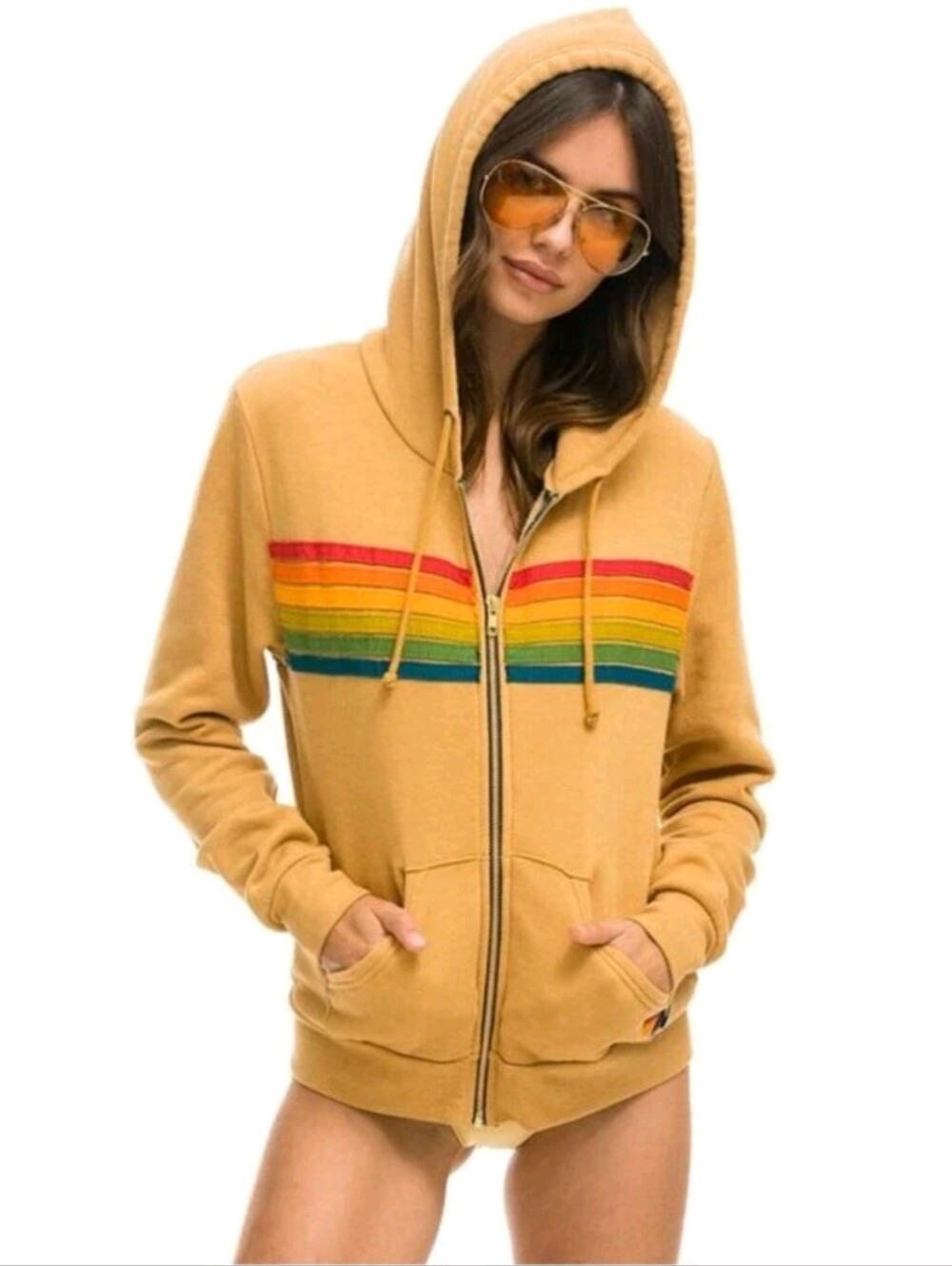 Aviator Nation 5 Stripe Light Khaki Zip Up Hoodie Rare Size M